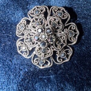 Filigree Floral Crystal Brooch in Silver-Tone